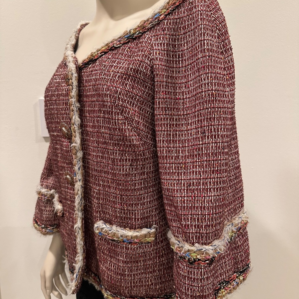 New Chanel Tweed Burgundy Blazer Jacket Size 38